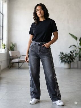 Umber Black distressed Washed Straight-Leg Jeans with three embroidered stars